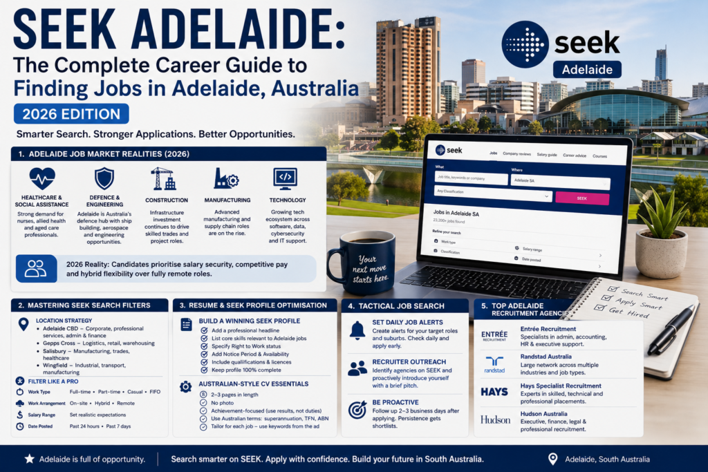 Professional HD image illustrating SEEK Adelaide jobs and career opportunities in Adelaide, Australia, with a modern job-search and recruitment theme.