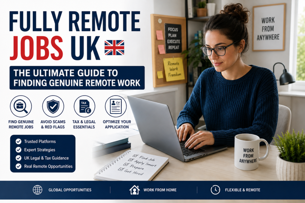 Professional remote work illustration showing a UK job seeker working from home, with guidance on finding genuine fully remote jobs, avoiding scams, understanding tax and legal requirements, and optimizing job applications.