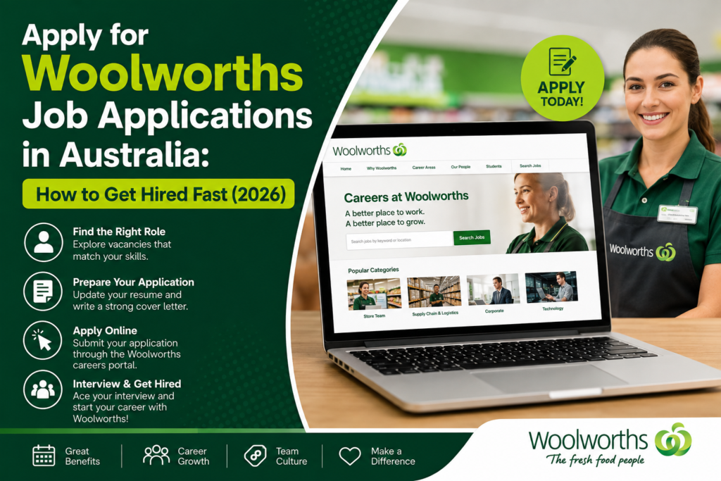 Woolworths job applications in Australia 2026 showing an employee, careers website on laptop, and application steps