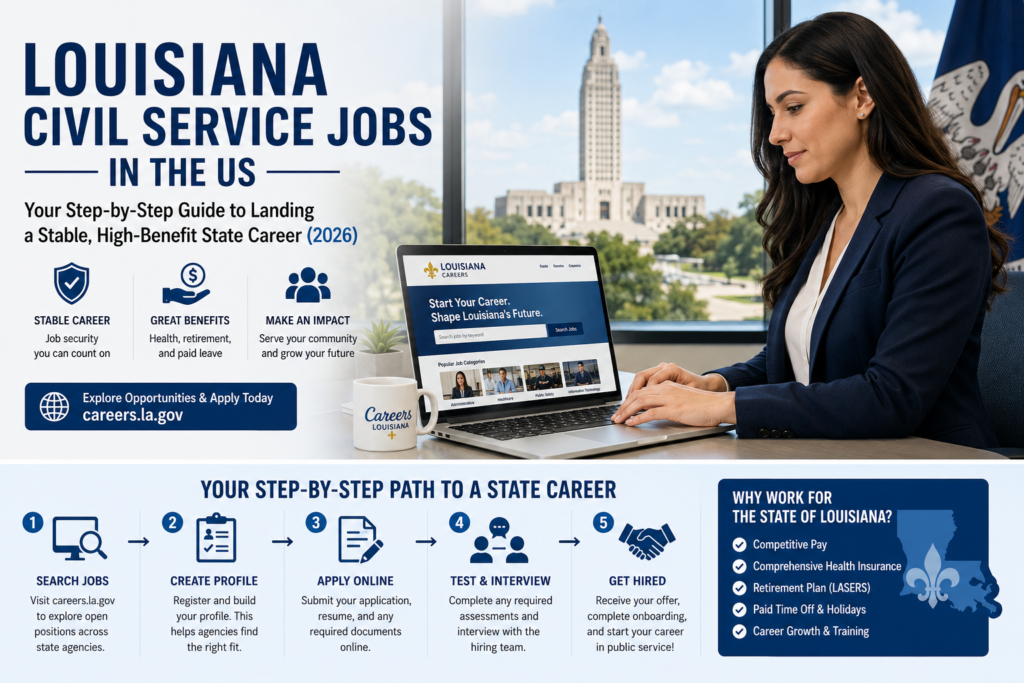Louisiana Civil Service Jobs in the US showing a professional employee, Louisiana State Capitol, job portal, career benefits, and application steps.