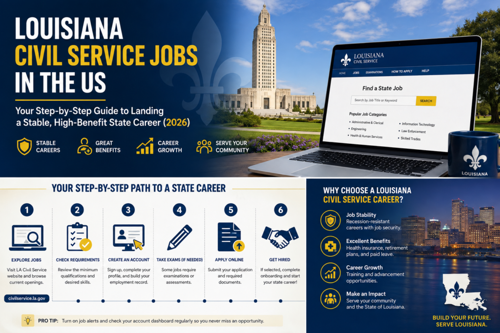 Louisiana Civil Service career guide featuring the State Capitol, online job search portal, six application steps, job stability, benefits, and career growth.

