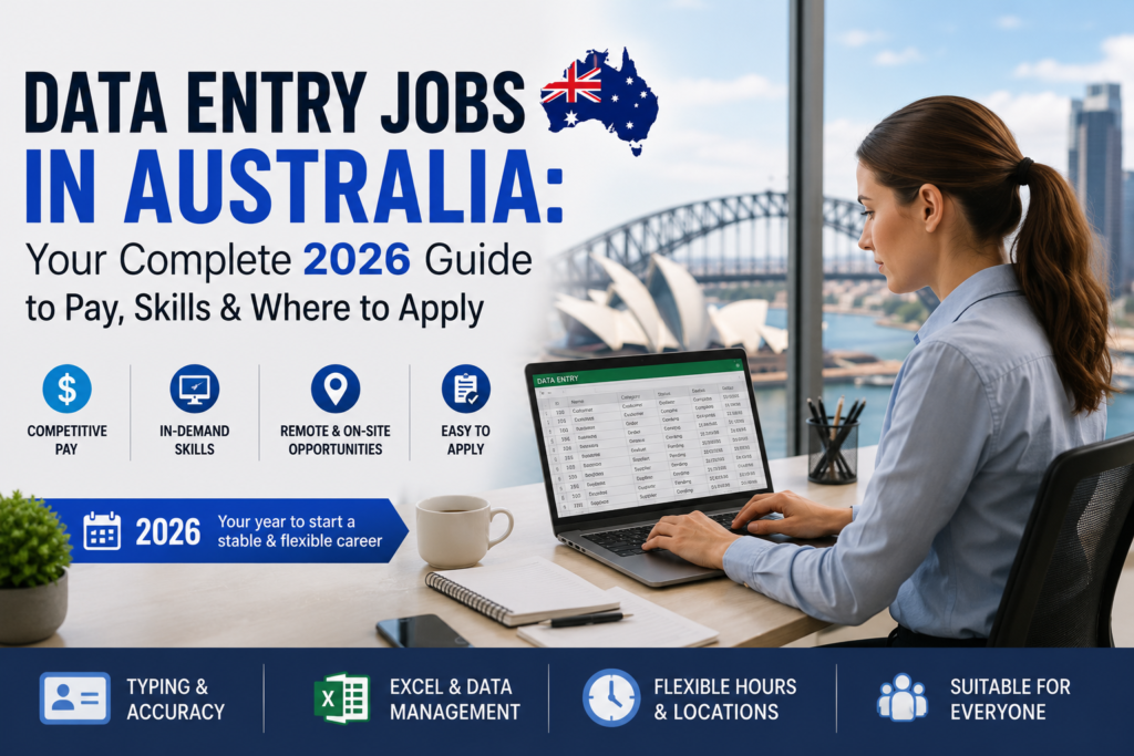 Professional woman working on a laptop with data entry information in a modern Australian office overlooking Sydney landmarks.