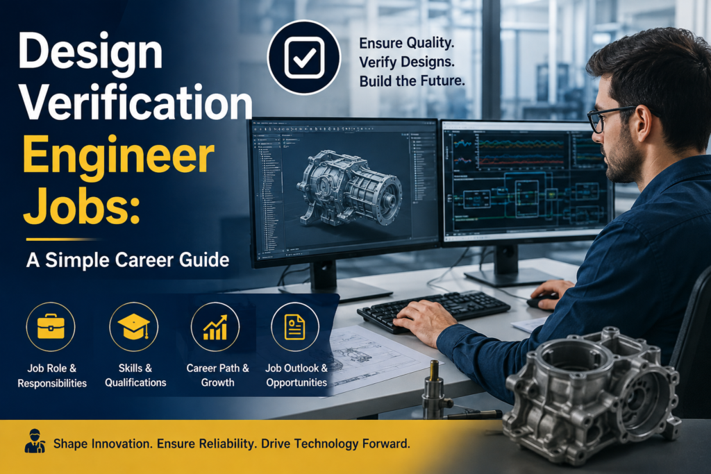 Design Verification Engineer Jobs: A Simple Career Guide featuring a professional design verification engineer working on dual monitors with CAD models, verification tools, and engineering components in a modern workspace.