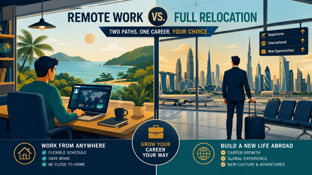 Modern professional illustration comparing remote international work from a tropical home office with full relocation through an airport and global city skyline.