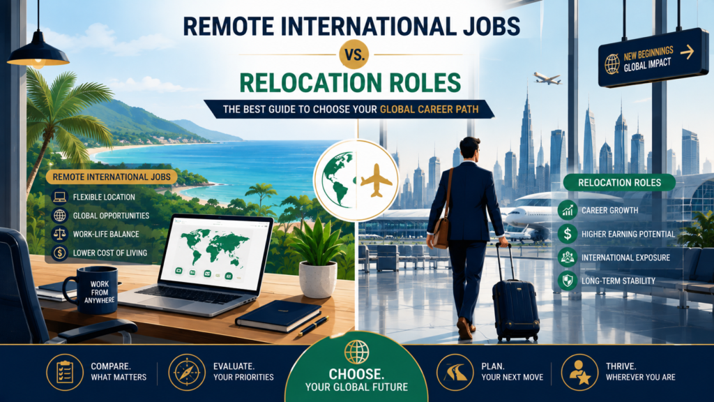 Professional split-screen illustration comparing remote international jobs from a tropical home office with relocation roles represented by an international airport and city skyline.