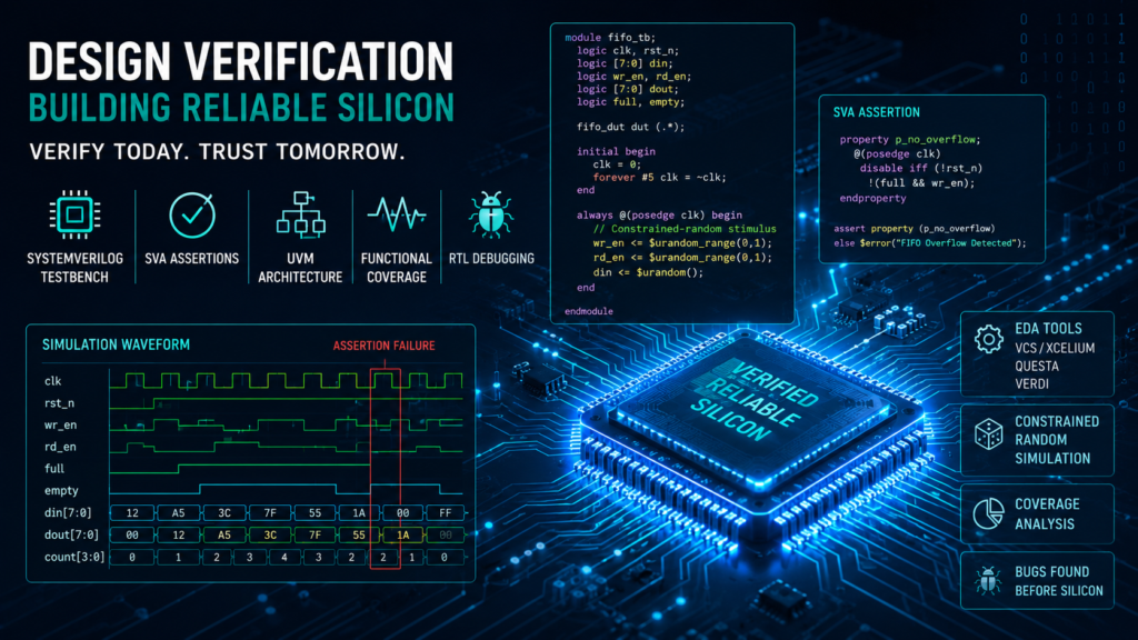 Design verification engineer working with SystemVerilog testbenches, SVA assertions, UVM architecture, RTL debugging, functional coverage, and semiconductor chip verification.