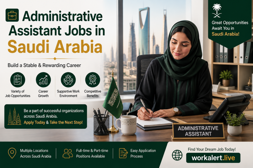 Administrative Assistant Jobs in Saudi Arabia banner featuring a professional administrative assistant working in a modern Saudi office with Riyadh skyline, organized workspace, and WorkAlert.live branding, highlighting career opportunities in Saudi Arabia.