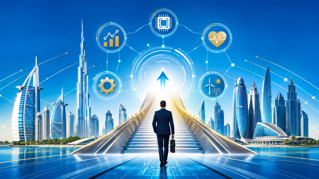 Professional futuristic UAE career growth banner featuring Dubai and Abu Dhabi skylines, technology, finance, healthcare, and energy icons connected with digital lines.
