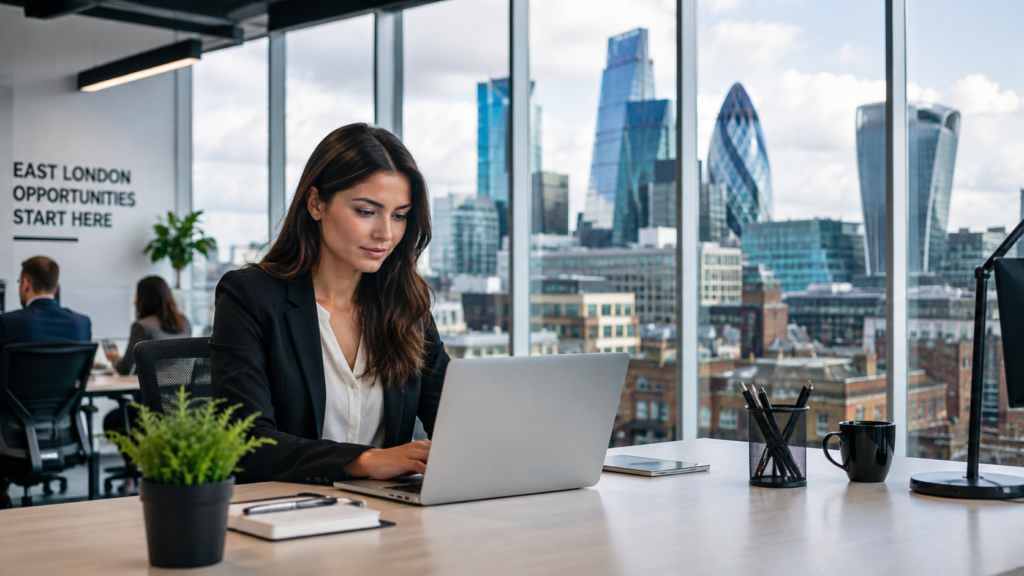 Young professional working on a laptop in a modern London office with the East London skyline visible through large windows.