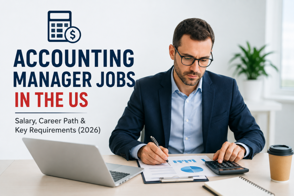 Professional accounting manager reviewing financial reports and using a calculator in a modern office in the US