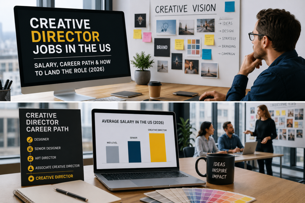 Creative Director career path in the US featuring salary growth, design leadership progression, and a creative team meeting in a modern office.