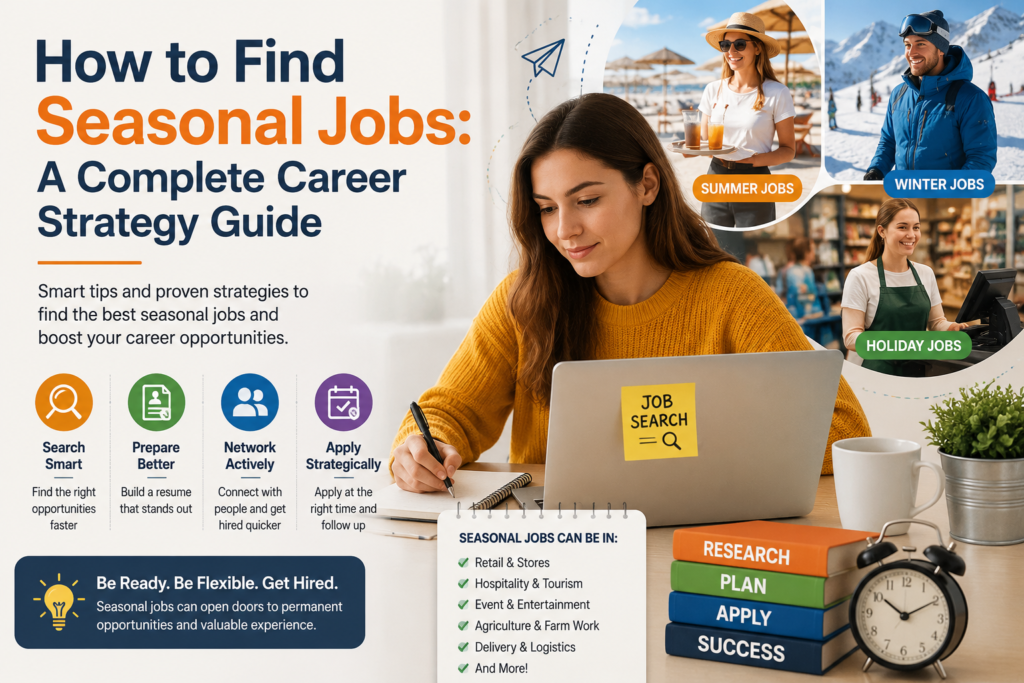 Professional infographic showing a job seeker planning a career search with examples of summer, winter, and holiday seasonal jobs, plus tips for finding seasonal employment opportunities.