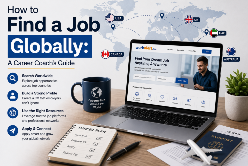 Professional career guide banner showing a laptop displaying the WorkAlert.live job platform, world map, passport, resume, and global job search elements for finding international job opportunities.