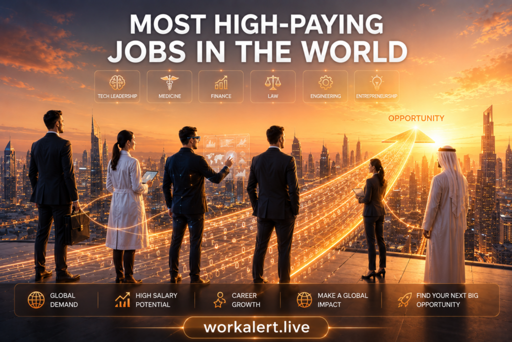Professional illustration of the world's highest-paying careers featuring technology, medicine, finance, engineering, law, and entrepreneurship professionals standing on a glowing pathway toward global career opportunities, with WorkAlert.live branding in a warm orange futuristic cityscape.