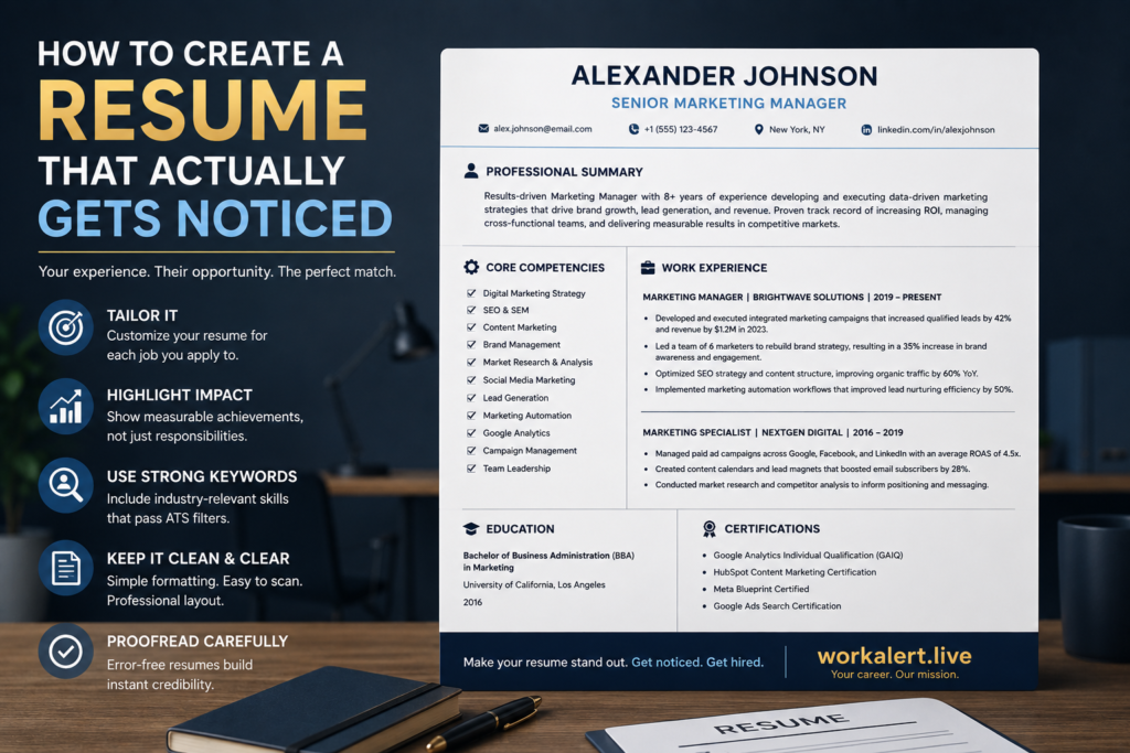 Professional resume writing guide featuring an ATS-friendly resume template, practical resume tips, and the WorkAlert.live website for job seekers looking to create a resume that stands out to recruiters.