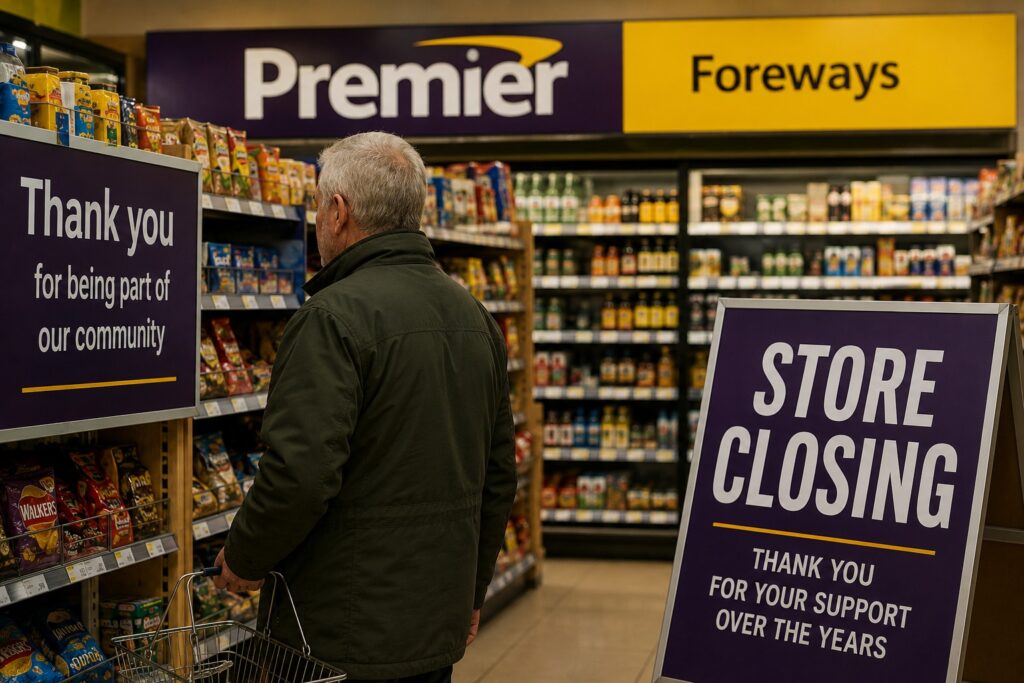 Customer & Store Closure Alt Text: Customer shopping inside a Premier Foreways store with a store closing sign