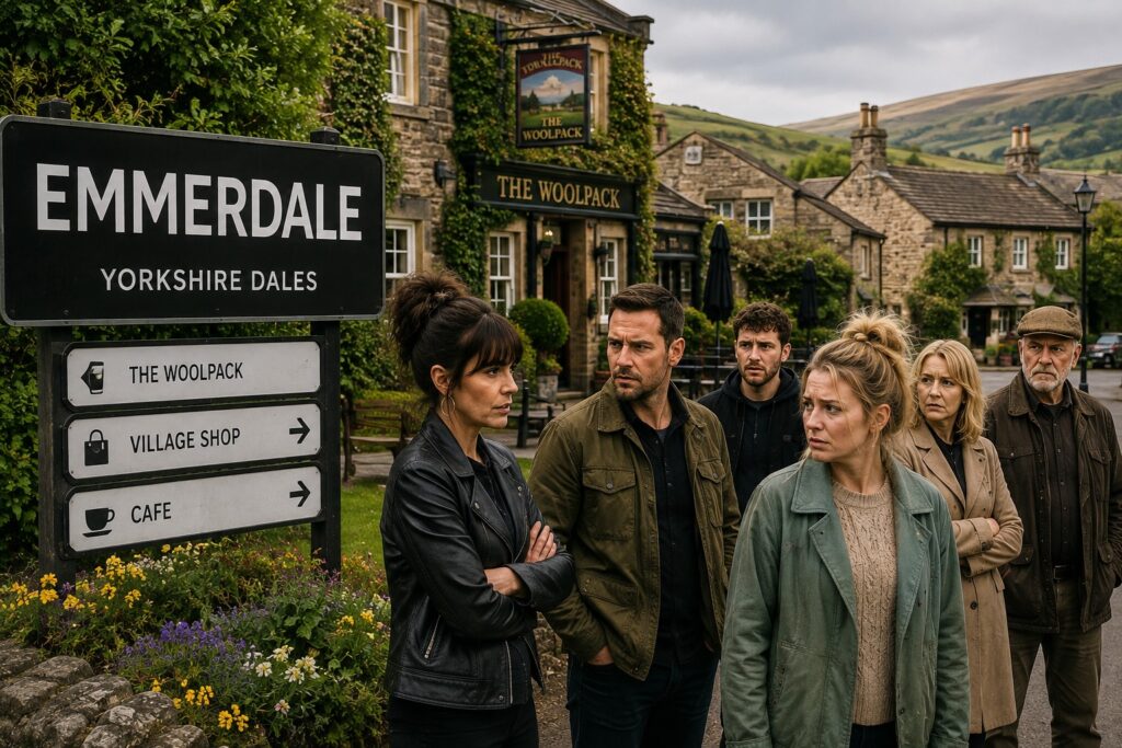Emmerdale characters gathered outside The Woolpack in a Yorkshire village