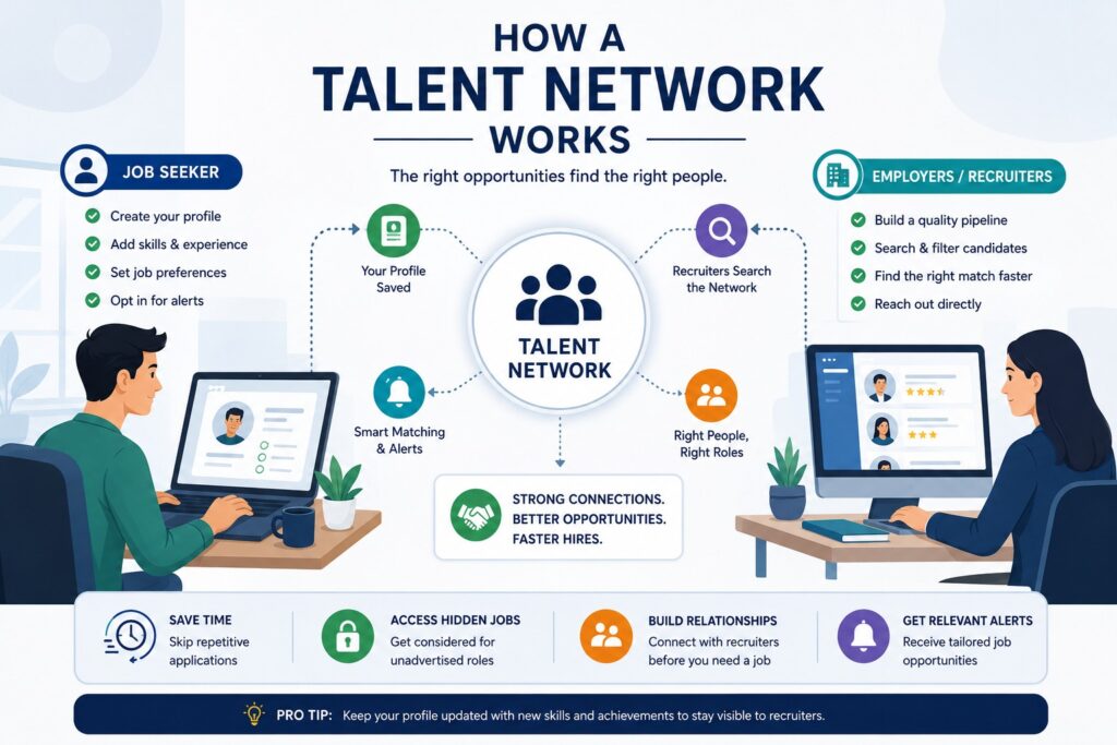 How a talent network works by connecting job seekers with recruiters and matching candidates to relevant job opportunities