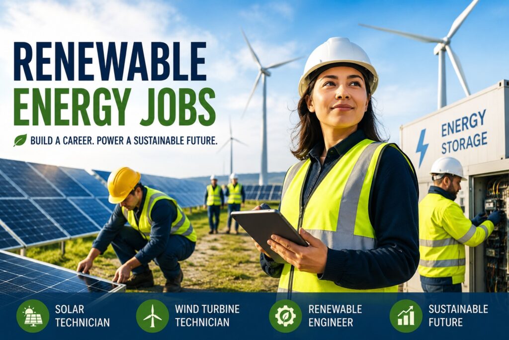 Renewable energy jobs with solar panels and wind turbines
