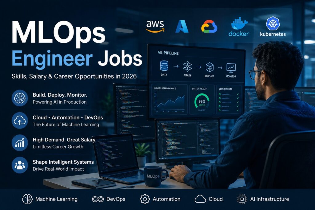 MLOps Engineer Jobs: Skills, Salary & Career Opportunities in 2026 Alt Text: MLOps Engineer Jobs in 2026 featuring AI infrastructure, cloud computing, DevOps, and machine learning pipelines