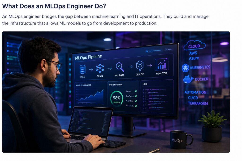 MLOps engineer managing machine learning pipelines, model deployment, cloud infrastructure, and monitoring