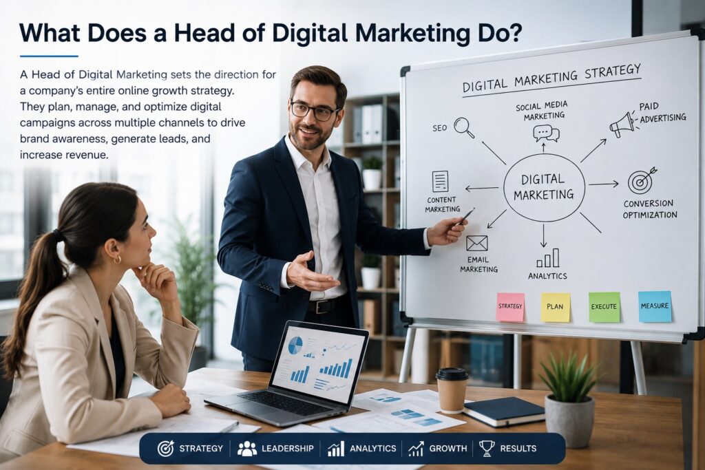 Digital marketing leader presenting SEO, content, social media and paid advertising strategy