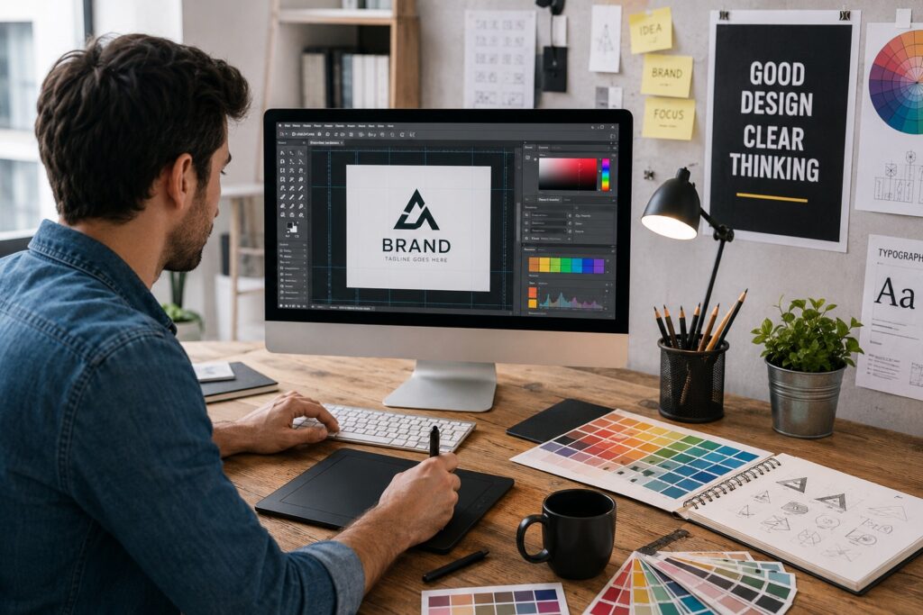Graphic designer creating a brand identity using a computer, graphics tablet, colour palettes and design sketches