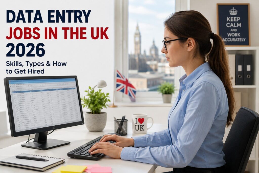 Data entry professional working on a computer with spreadsheets and digital records in a UK office