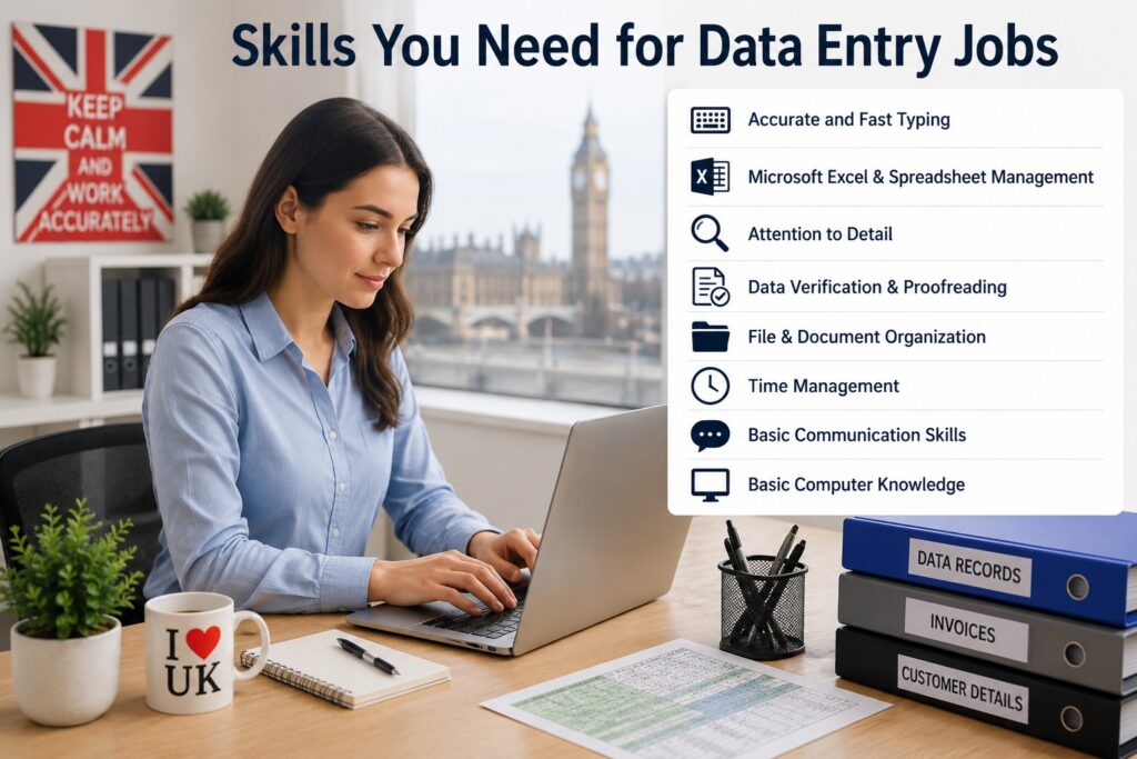 UK data entry professional working on a laptop with Excel spreadsheets and essential data entry skills