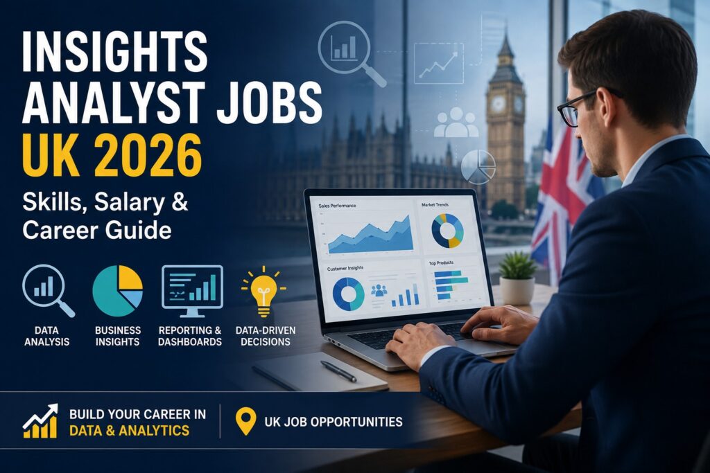 Insights Analyst Jobs UK 2026 featuring a professional analyst working with business data and analytics dashboards in London