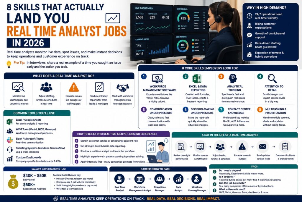 Real time analyst jobs in 2026: 8 essential skills, tools, daily responsibilities, salary expectations, and career growth path