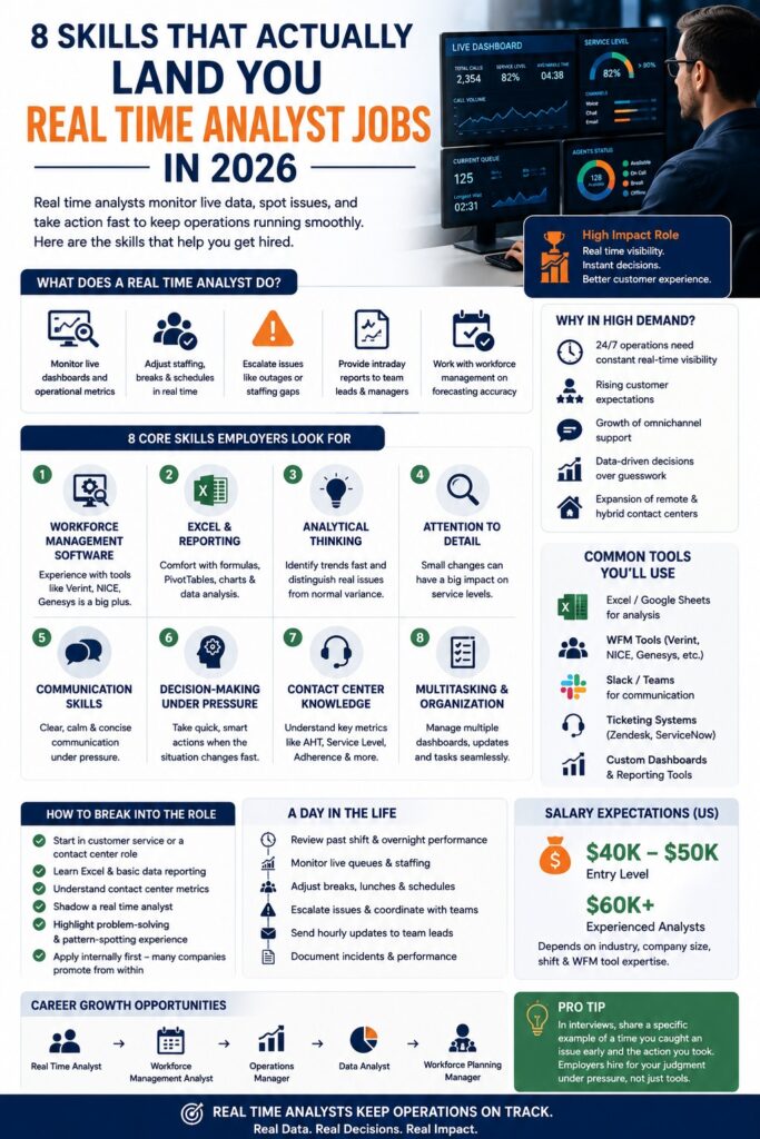 *8 skills needed to land real time analyst jobs in 2026, including workforce management, Excel, analytical thinking, communication, and decision-making